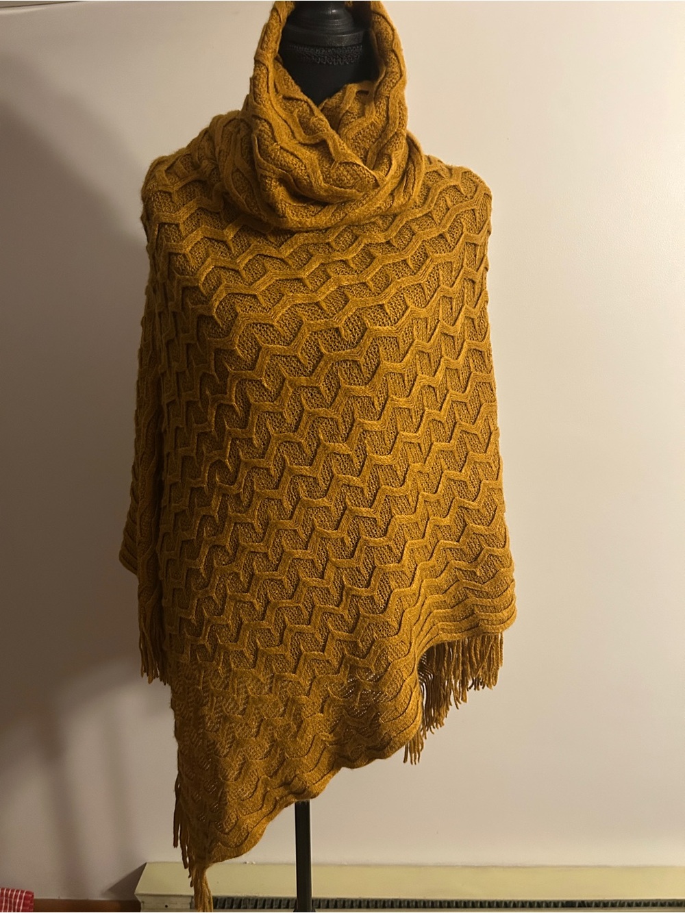 just be Mustard Cable-Knit Turtleneck Poncho with Fringe